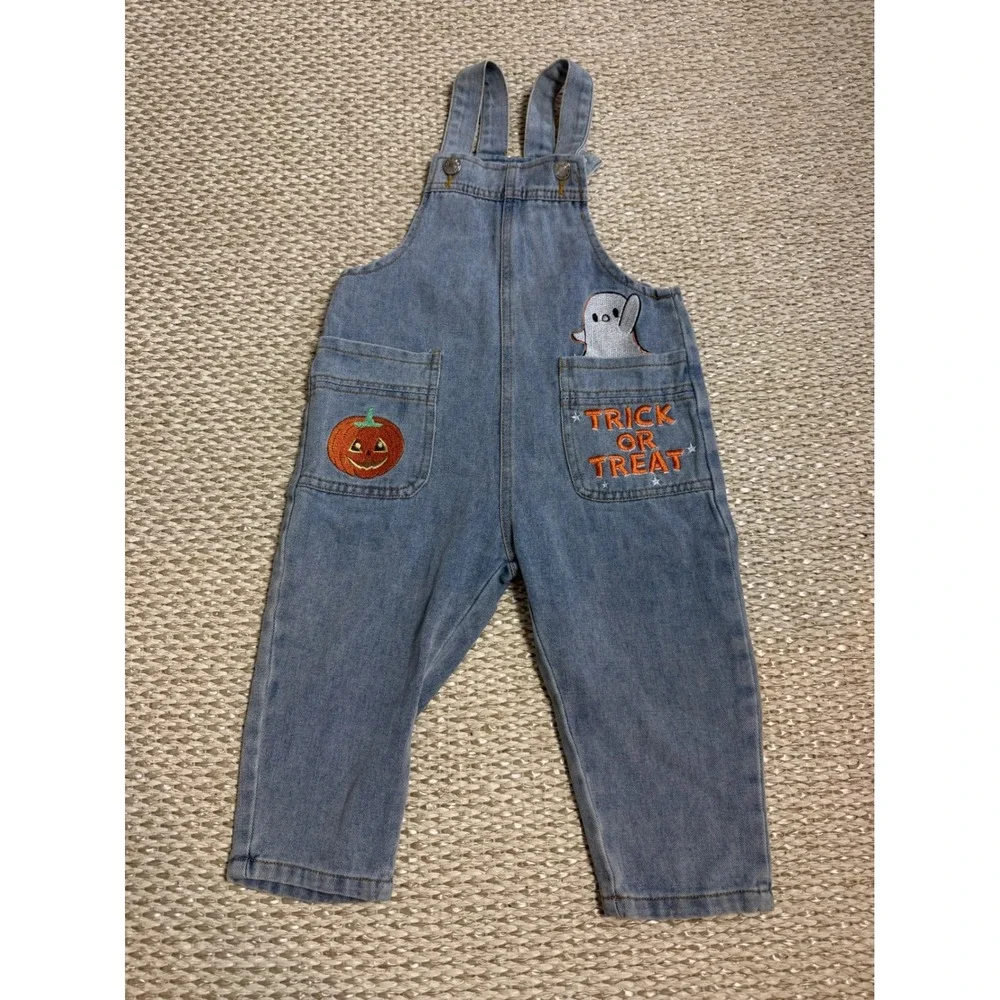 Halloween Denim Overalls Trick or Treat Pumpkin Ghost Embroidery 2T 3T toddler
